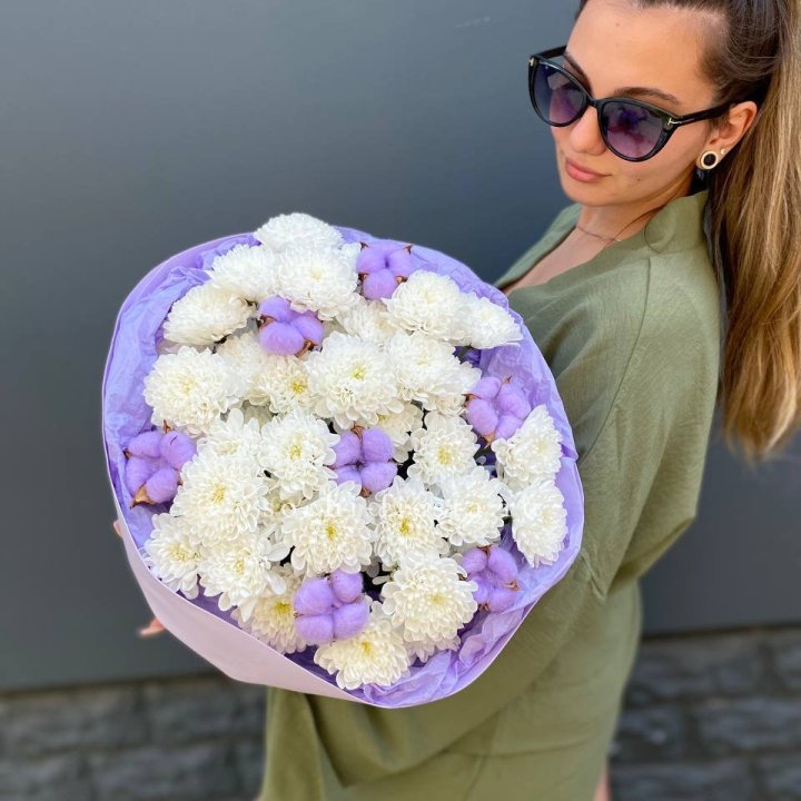  Букет  хризантем и хлопка в Ростове-на-Дону